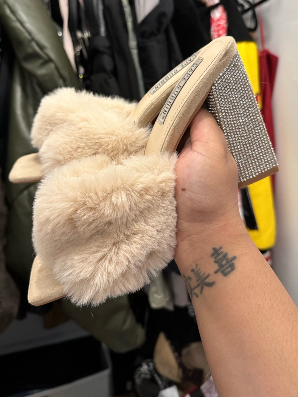 Faux Fur Slide Heels with Rhinestone Block Heel - Beige